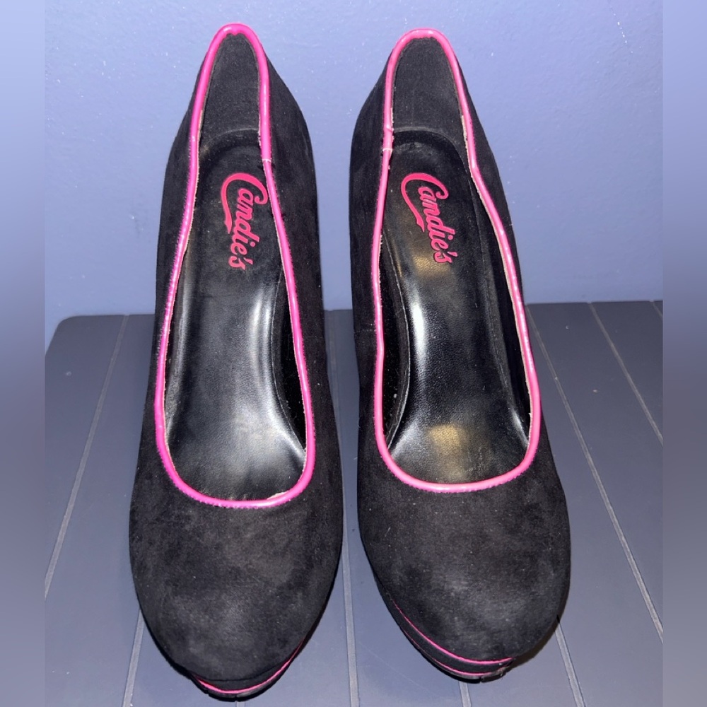 Candie's Black Suede Heels with Pink Accents